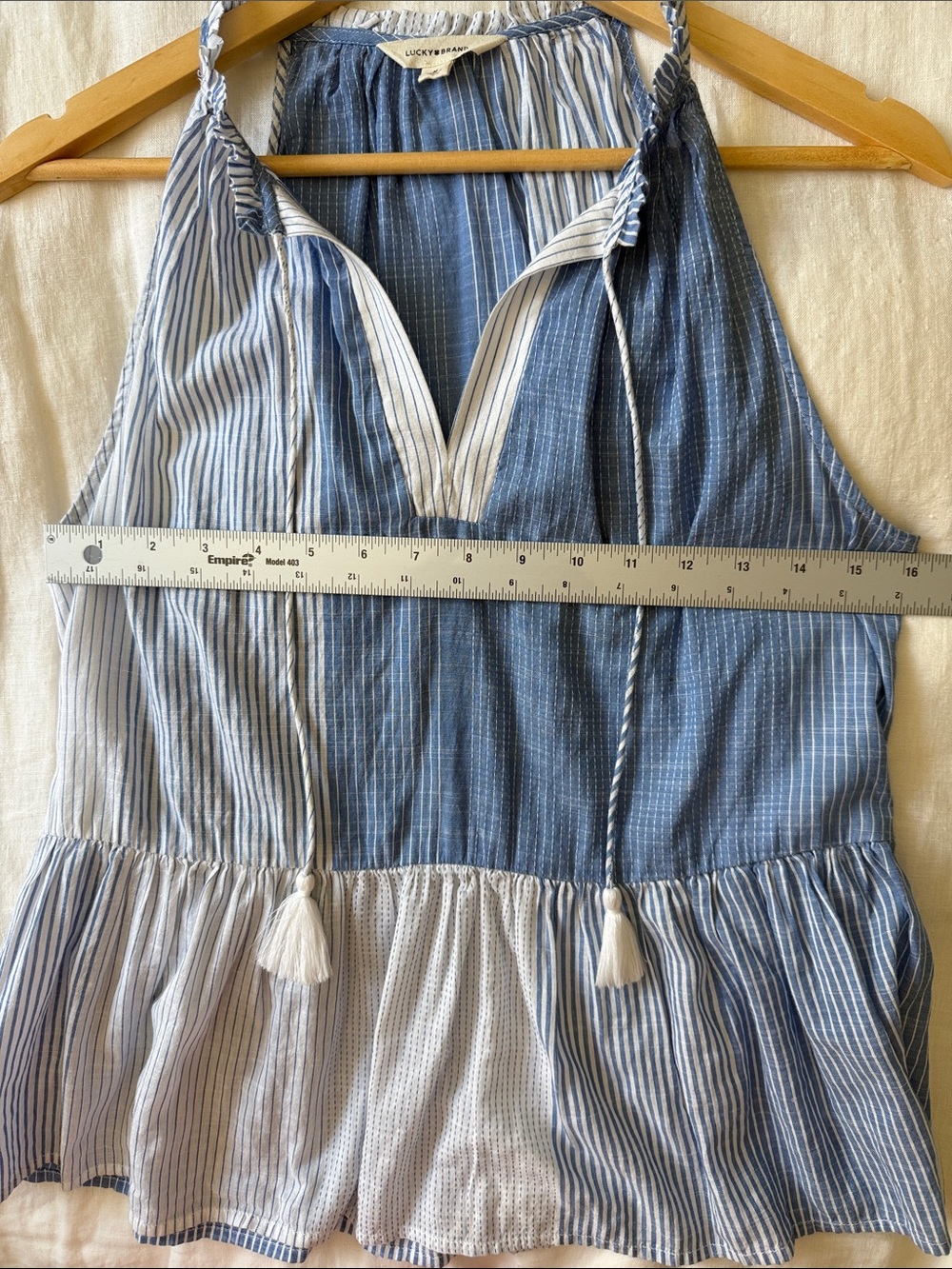 Lucky Brand Blue White Striped Patchwork Tassel Peplum Tank Top Coastal Cotton M - Picture 7 of 8